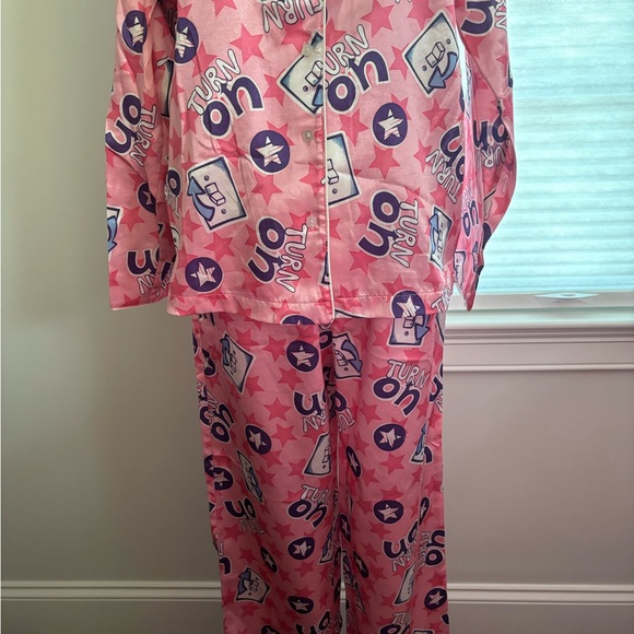 Q&A pink mutli color graphic satin pajama set vintage Y2K size small - Picture 6 of 11